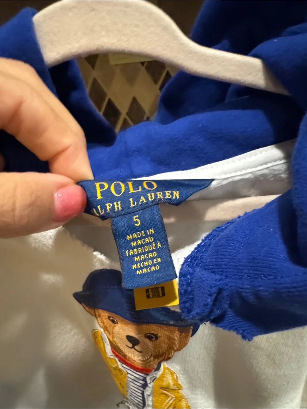 Ralph Lauren White Hoodie with Blue Hood & Green Hem - Polo Bear Graphic